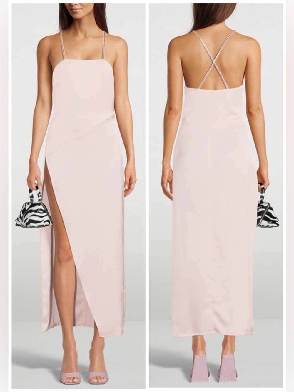 NWT The Attico Fujiko Pink Satin Midi Dress with Crystals Slit Sz 42